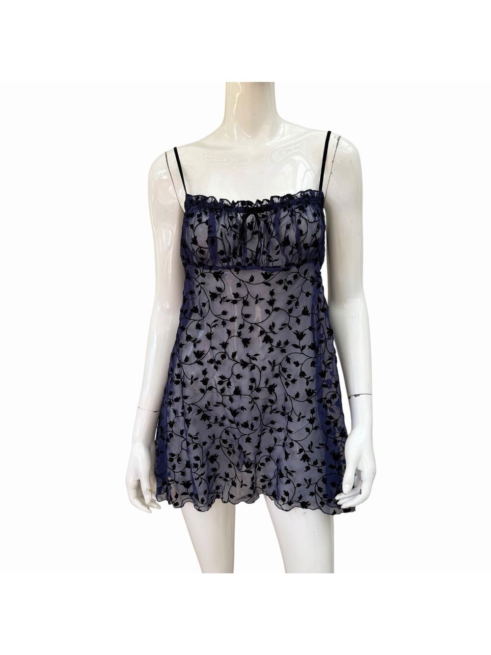 Vintage Y2K Victoria’s Secret Flocked Sheer Blue Babydoll Chemise/Slip, Medium